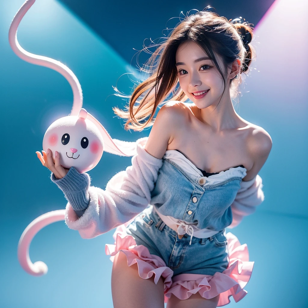 There is a cartoon cat with a pink nose and a blue background, 愛らしいShine生き物, pastel cute slime, Cute digital art, it is glowing, Shine, jelly glow, blobs, Rainbow-colored ghostly, 🐋 as 🐘 as 🤖 as 👽 as 🐳, Soft anime illustration, cute cat, Cute Creatures, Mysterious Eel, Soft as air、A dim glow,dance,smile,cry,emotion