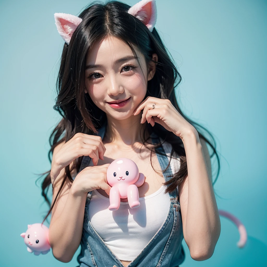 There is a cartoon cat with a pink nose and a blue background, 愛らしいShine生き物, pastel cute slime, Cute digital art, it is glowing, Shine, jelly glow, blobs, Rainbow-colored ghostly, 🐋 as 🐘 as 🤖 as 👽 as 🐳, Soft anime illustration, cute cat, Cute Creatures, Mysterious Eel, Soft as air、A dim glow,dance,smile,cry,emotion
