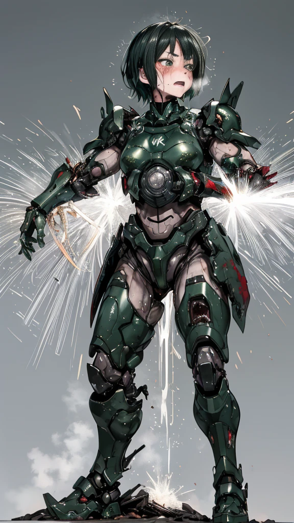 Rough skin, Very detailed, Advanced Details, high quality, 最high quality, High resolution, 1080P 、Bleeding from the wound、Sexy Eyes、Wearing green and black、cute((The whole body is sweating))(Equipped with a damaged battle suit....)(Dark green armor)(Broken Armor)Black Hair、Chiquita、short hair、Open your mouth、Painful expression、It hurts again、Healthy Skin、40-year-old woman　　(Steam coming out of the face) ((Steam from the body)) 　Unable to fight　Severe attacks　centering　Full-body portrait with no exposed skin