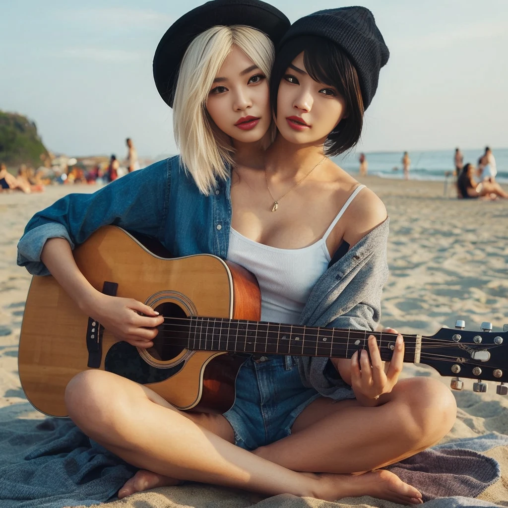 2heads, best resolution, korean woman with two heads, different faces, playing guitar ,lipstick, fedora, beanie, sittinglon beach