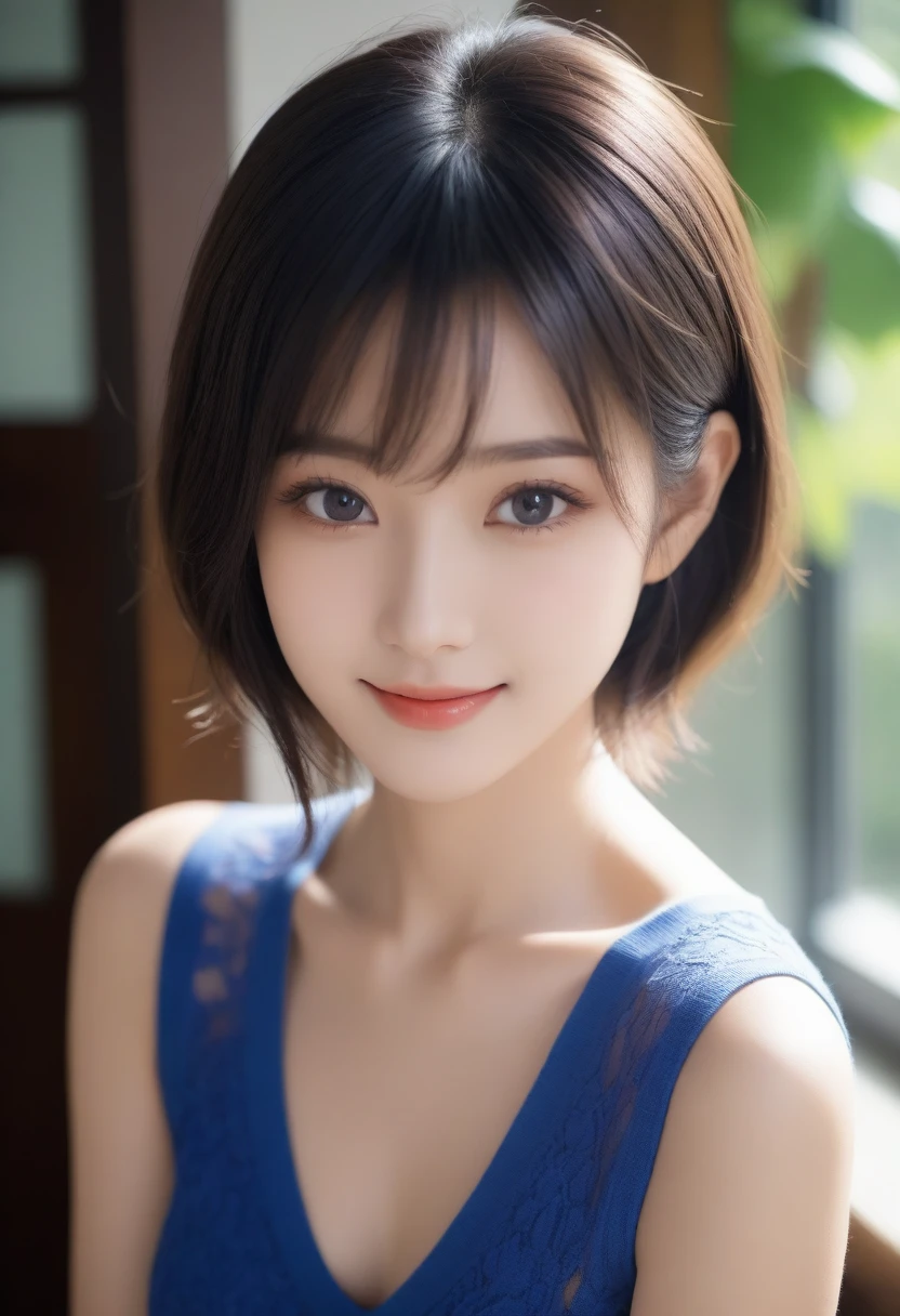 8K, Ultra-high resolution, Highest quality, masterpiece, 三分割法によるphotograph,Surreal, photograph, 1 Girl, (16 years old:1.3), pretty girl, Cute face, Beautiful eyes in every detail, 細かくdetailedに,masterpiece,, One Girl:1.2, Japan Female Announcer,full body,((very small head:1.3)),Center-parted bangs,amount,Black Hair,Long Hair,Iris,Gorgeous eyes,smile,((Toned body,Slender body,skinny)),(A very cute 20 year old young woman from Japan.), ((Short hair with side waves and twin tails))、Small breasts、 (((Clean your hands))),(((とても優しいsmile))), (((She is wearing navy blue and white lace panties.))),(((She is wearing a navy blue and white knitted dress.))) , Light on the face, 非常にdetailedな顔, 非常にdetailedな唇, Fine grain,,Glowing Skin,Shiny skin,bustling street,Climbing the stairs,Beautiful leg line beauty,Captivating thighs,Full of sex appeal,Sensual,屈託のないsmile,Heal the heart,Short ponytail、beauty,Long neck、Laugh a little、Please close your mouth and laugh、(((Ideal body type))),A cup small breasts :2,、Portraiture:2、Perfect Anatomy、鮮明なdetailed、detailed、Surreal、Light and shadow,Strong light