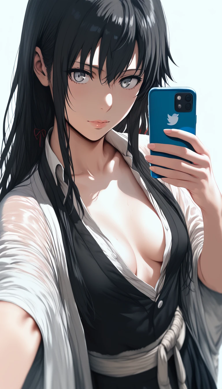 (hews art style:0.8), score_9, score_8_up, score_7_up, score_6_up, uncensored, yukinoshita yukino, black hair, long hair, grey eyes, BREAK (masterpiece:1.2), best quality, high resolution, (detailed eyes:1.3), perfect lighting, (perfect hands, perfect anatomy), small breasts, 1girl, phone, weapon, solo, sword, cellphone, breasts, holding_phone, holding, katana, smartphone, sheath, japanese_clothes, cleavage, selfie, holding_weapon, holding_sword, grey_background