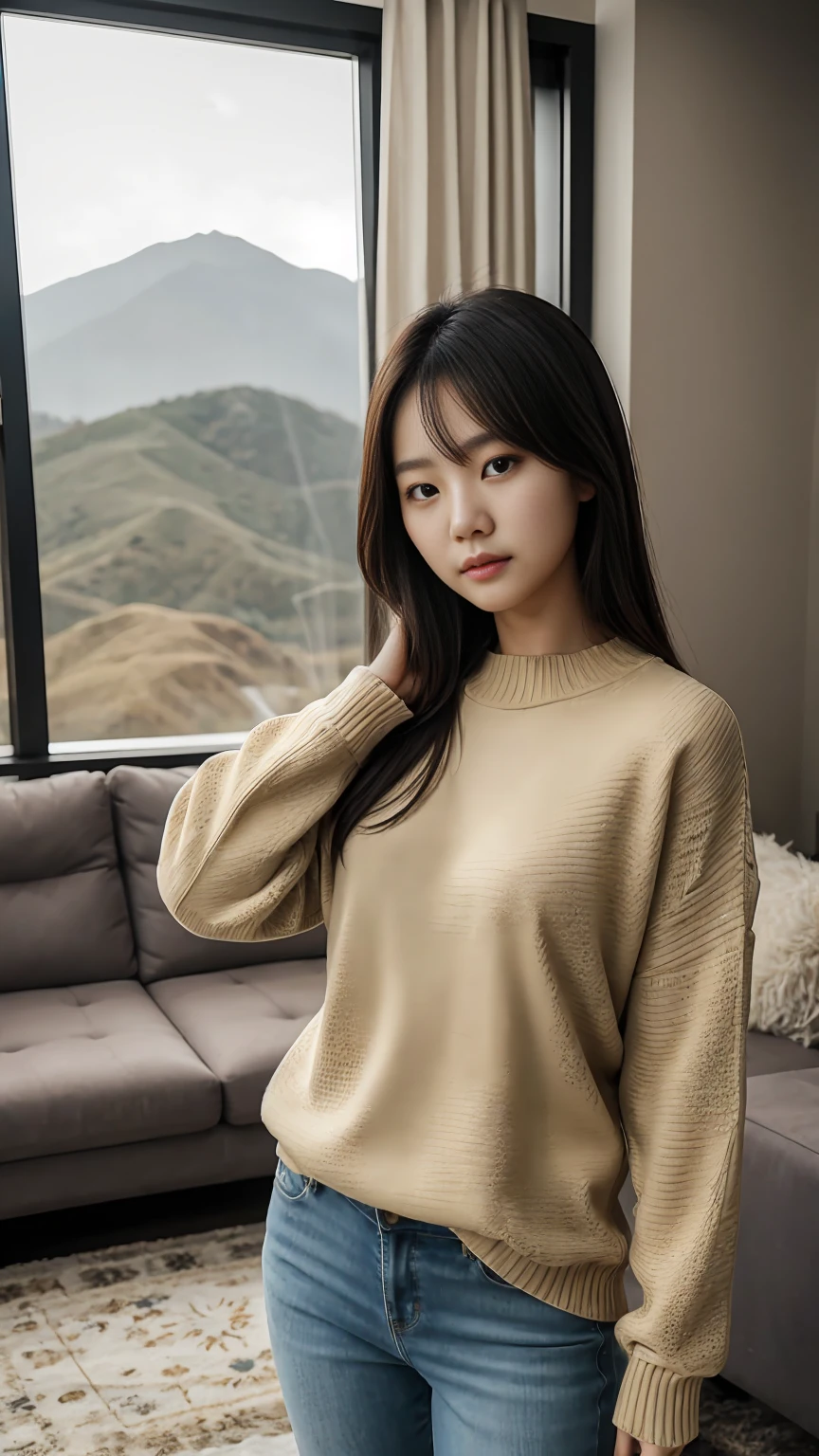 A young Korean woman in a sweater, standing in living room, messy hair, face straight to viewer, sexy pose, seductive expression, sexy face, detailed face, detailed clothing, detailed background, natural lighting, warm colors, beautiful scenery, intricate details, highly detailed, photorealistic, 8k, ((masterpiece)), cinematic, portrait