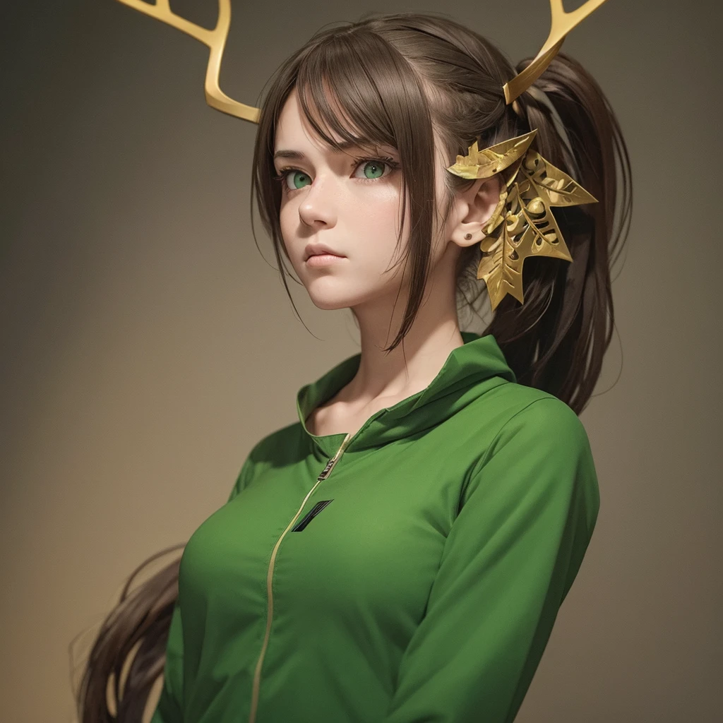 Generate an image of a female protagonist with a serious expression, standing upright and facing directly forward in a chest-up portrait style, resembling a passport photo. She is wearing green clothing and has antlers growing from her head. Ensure the background is simple to highlight her presence.