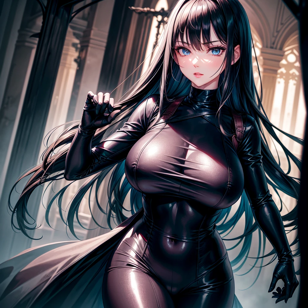 very detailed face, detailed clothing, detailed fabric, 1 woman, perfectly drawn body, huge breasts, sexy pose, beautiful face, long black hair, blue eyes, very detailed eyes, pink cheeks, shy expression,  (Shiny black tight bodysuit), black gloves, gloves covering hands, Sensual lips ,  dinner de invierno, Show details at a glance, View from the front, looking at viewer, dark road, Dark Forest, dinner, atmosphere, Fog