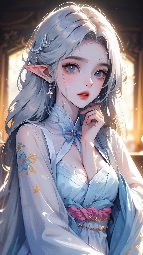((Highest quality)), ((masterpiece)), (detailed), 1 personの女の子, The background is nature、The weather was sunny.、Silver hair straight long hair、Half Up、Parallel thin eyebrows、Double droopy eyes、Thin lips、Small nose、Blue Eyes、Long eyelashes、Delicate appearance、Illustration seen from the front、White dress、Fantastic illustrations、Highlights are 7 colors、The light is on my face、Illustration of eyes matching the viewer、Elf、1 person、Worried pose、