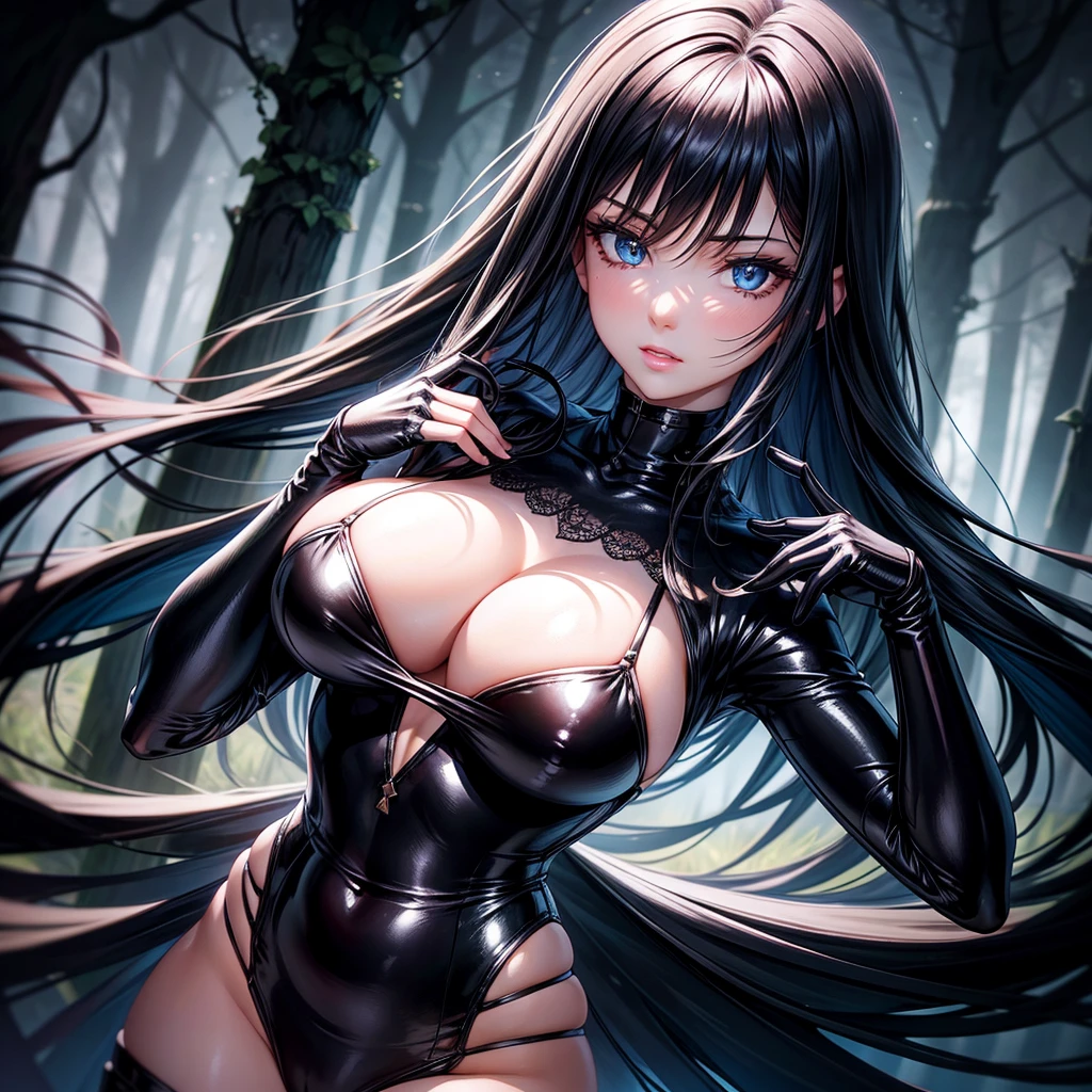 very detailed face, detailed clothing, detailed fabric, 1 woman, perfectly drawn body, huge breasts, sexy pose, beautiful face, long black hair, blue eyes, very detailed eyes, pink cheeks, shy expression, (Shiny black tight bodysuit), black gloves, gloves covering hands, Sensual lips , dinner de invierno, Show details at a glance, View from the front, looking at viewer, dark road, Dark Forest, dinner, atmosphere, Fog