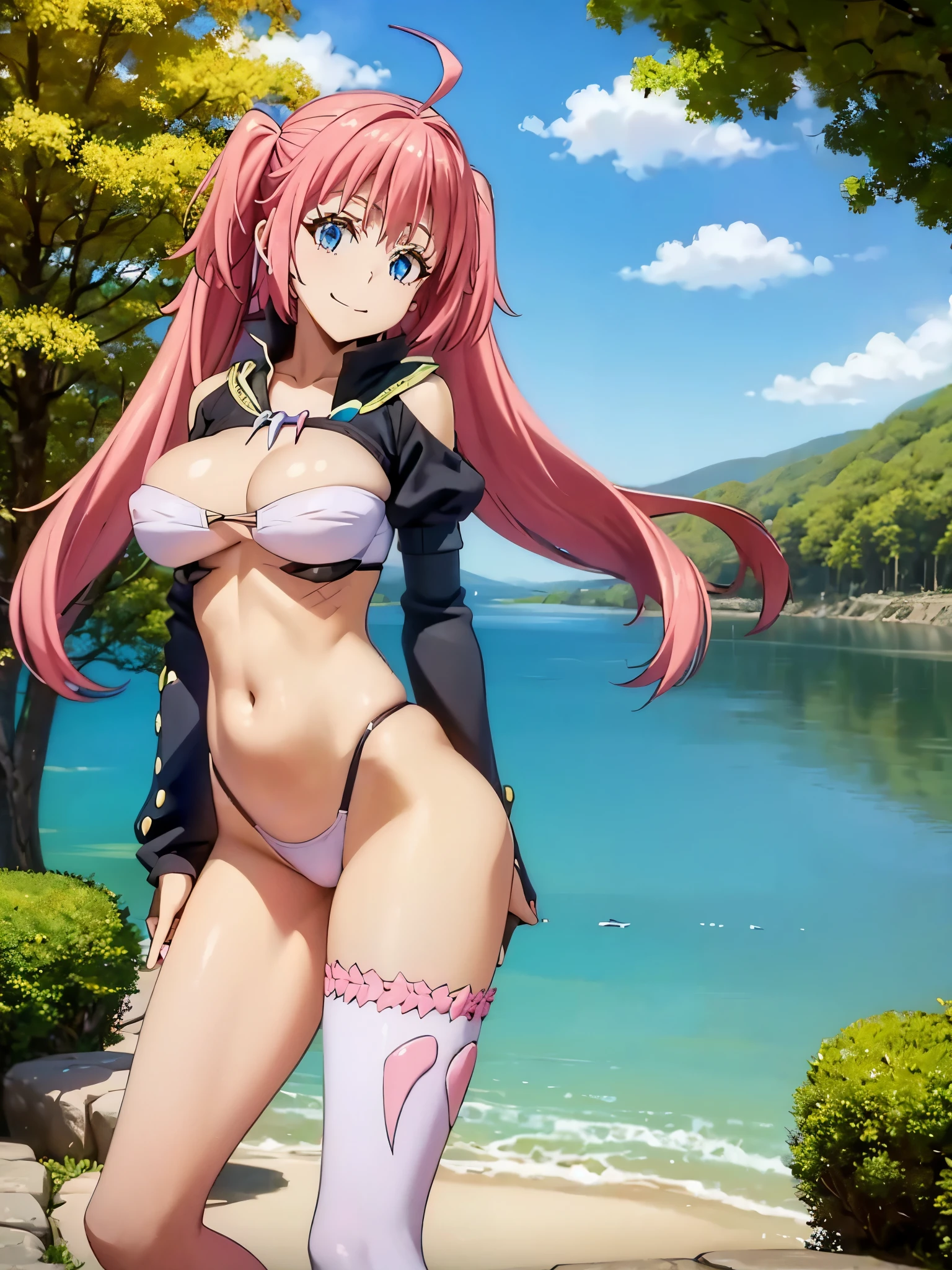 1girl, solo, beautiful girl, brunette skin, blue eyes, big eyes, detailed eyes, long eyelashes, pink hair, long hair, sidelocks, twintails, head tilt, fang, medium breasts, black bikini, string bikini, bikini bottom only, white crop top, asymmetrical legwear, ahoge, clothing cutout, cowboy shot, juliet sleeves, long sleeves, puffy sleeves, pink legwear, revealing clothes, shoulder cutout, pink thighhigh, no pants, skindentation, smile, looking at viewer, narrow waist, perfect hands, perfect anatomy, cleavage, midriff, navel, covered nipples, outdoors, flying, blue sky, clouds, ultra detailed eyes, anime style, breasts together, from side,