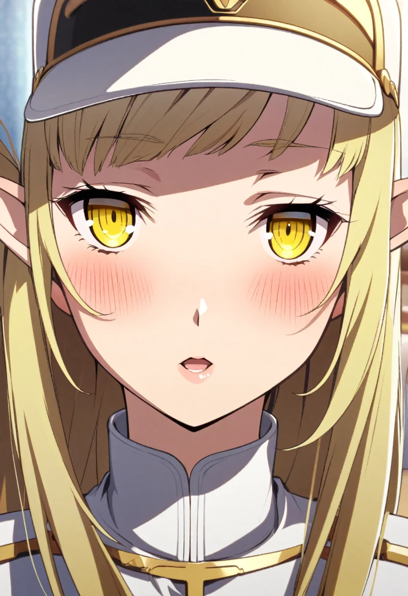 Blonde hair, gold eyes, ,blonde hair,, {white blazer}}, eye focus, looking at viewer, blush, {{gold trim}},, hotel room,1 girl, solo, only 1 girl, elf ear, yellow eyes. . portrait, flat cap