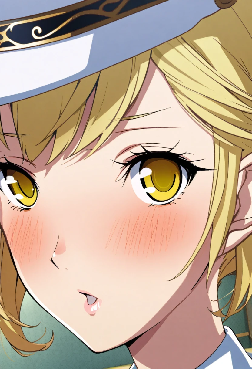 Blonde hair, gold eyes, ,blonde hair,, {white blazer}}, eye focus, looking at viewer, blush, {{gold trim}},, hotel room,1 girl, solo, only 1 girl, elf ear, yellow eyes. . portrait, flat cap