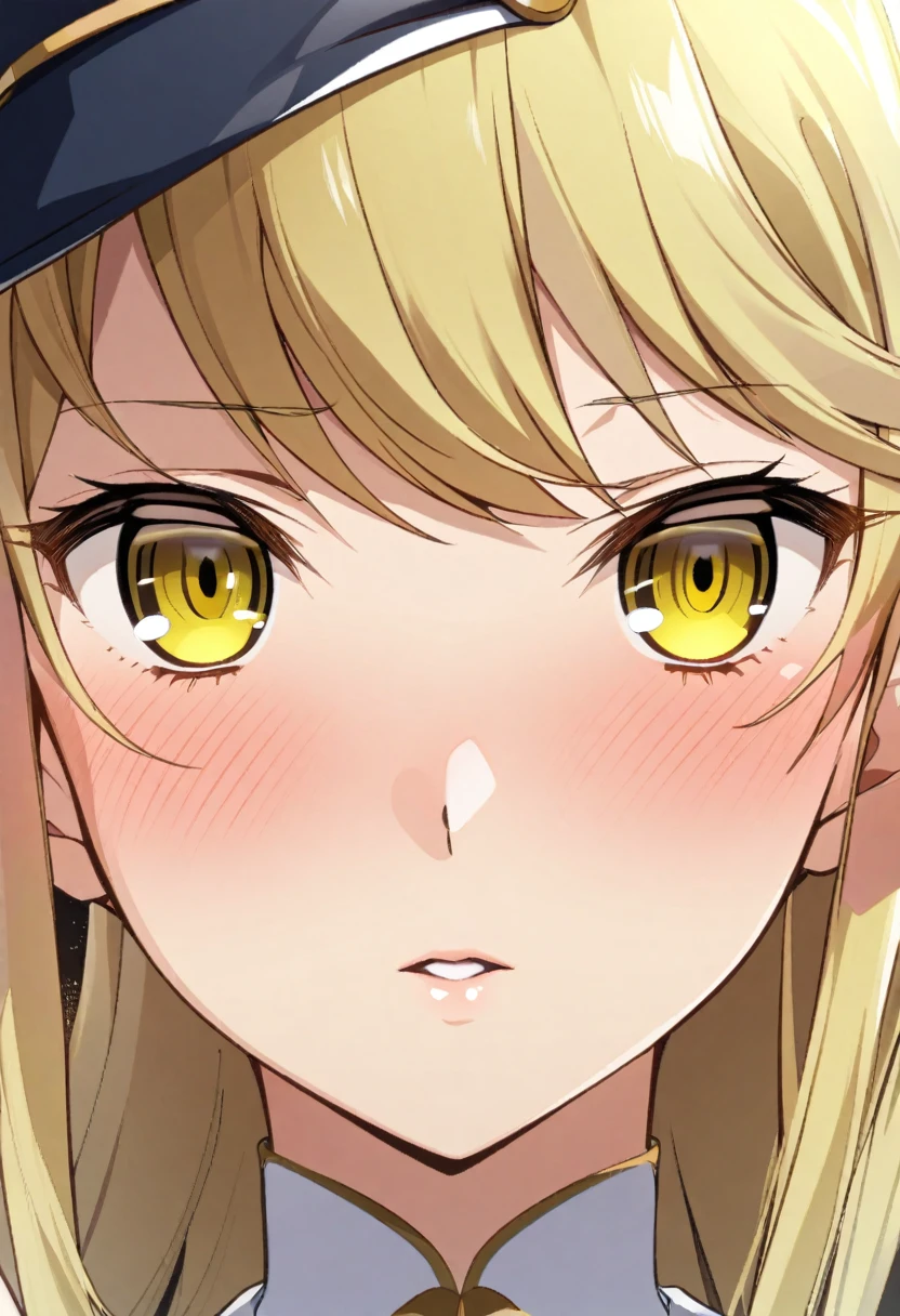 Blonde hair, gold eyes, ,blonde hair,, {white blazer}}, eye focus, looking at viewer, blush, {{gold trim}},, hotel room,1 girl, solo, only 1 girl, elf ear, yellow eyes. . portrait, flat cap