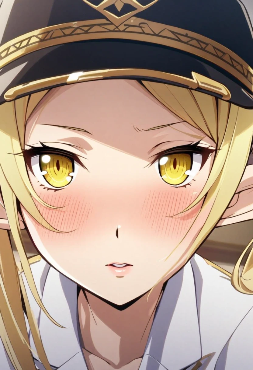 Blonde hair, gold eyes, ,blonde hair,, {white blazer}}, eye focus, looking at viewer, blush, {{gold trim}},, hotel room,1 girl, solo, only 1 girl, elf ear, yellow eyes. . portrait, flat cap