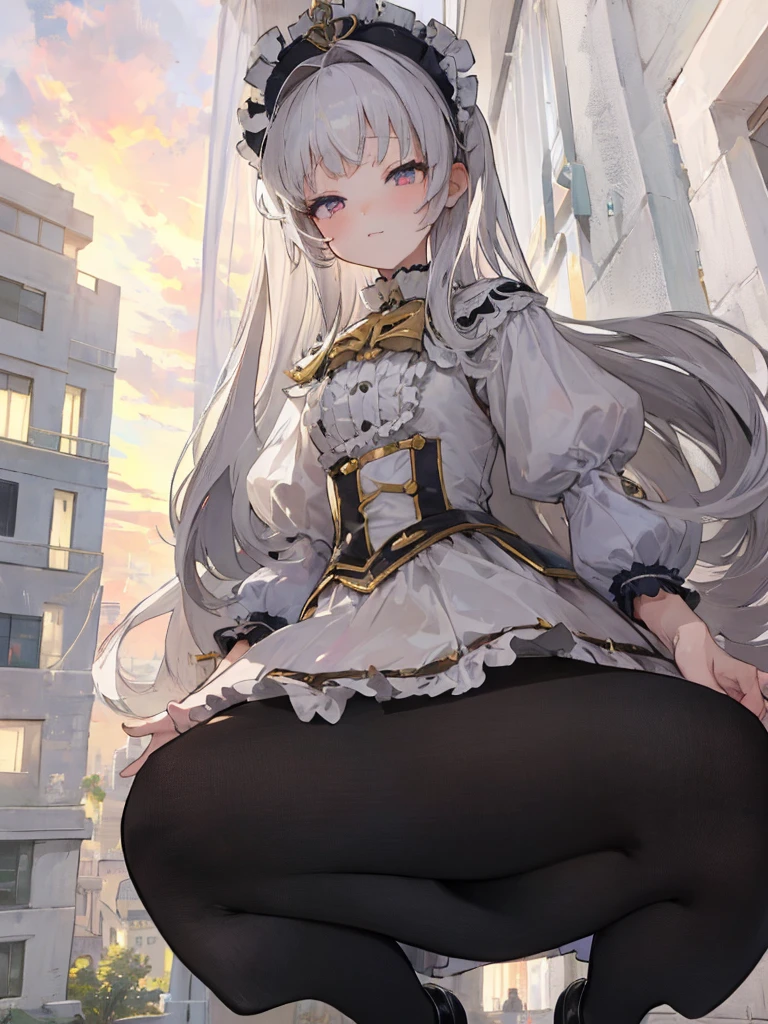 ((tiny girl)),doll,cute,white tights,skirt,Lolita fashion,loafers,(Anime Style),European buildings,forest