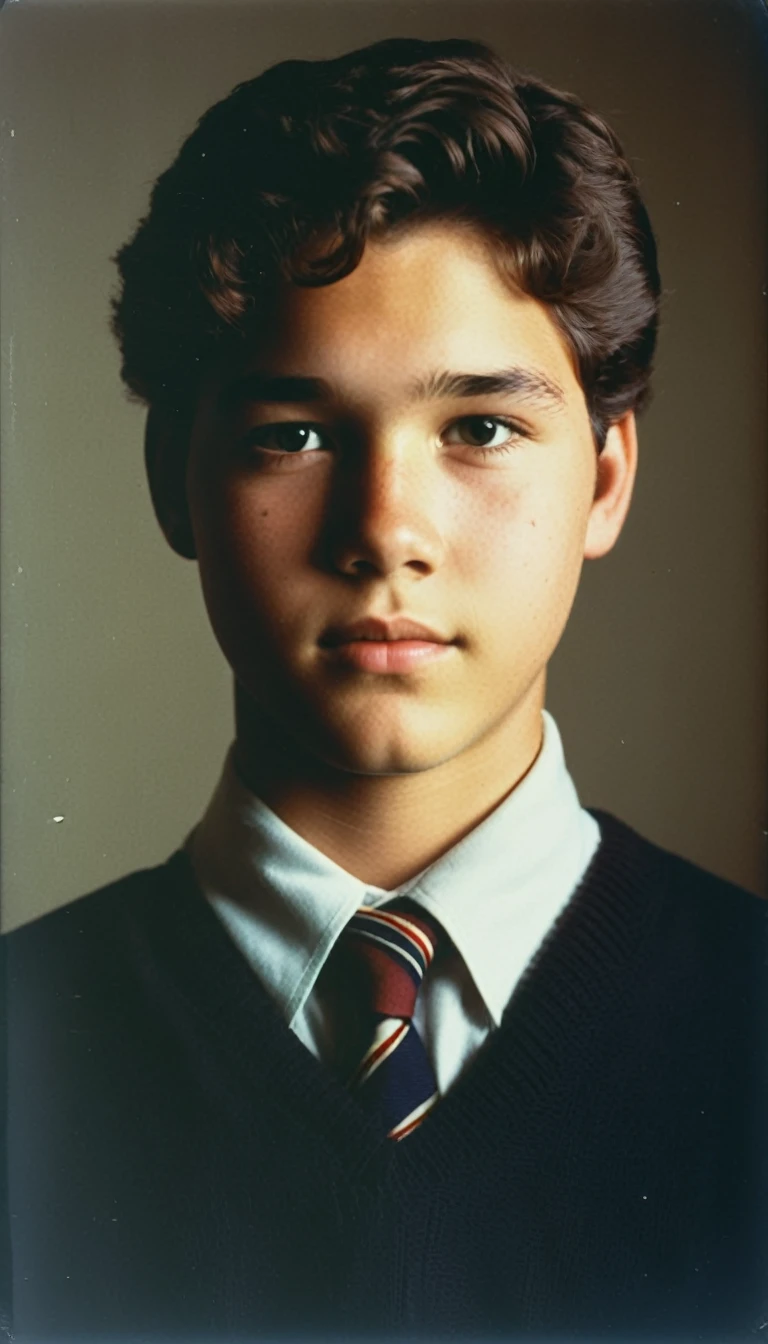analog film photo, modern day photo of a young student, 14 years-old, male, brown-black hair, short curly quiff, brown eyes, caucasian, round face, oval-shaped jawline, bulbous nose, full lips, thick eyebrows, soft features, stocky broad frame, chubby, fat, resembles Dean Cain, (relaxed school uniform:1.1), silhouette, backlit, split lighting, half face in shadow, RAW Photograph, dslr, hard lighting, hard shadows, high quality, film grain, Fujifilm XT3, detailed skin with visible pores, insane details, masterpiece, 8k, 35mm photograph, dslr, kodachrome, faded film, desaturated, 35mm photo, grainy, vintage, Kodachrome, Lomography, stained, highly detailed, found footage, yearbook portrait, contemporary, 2024