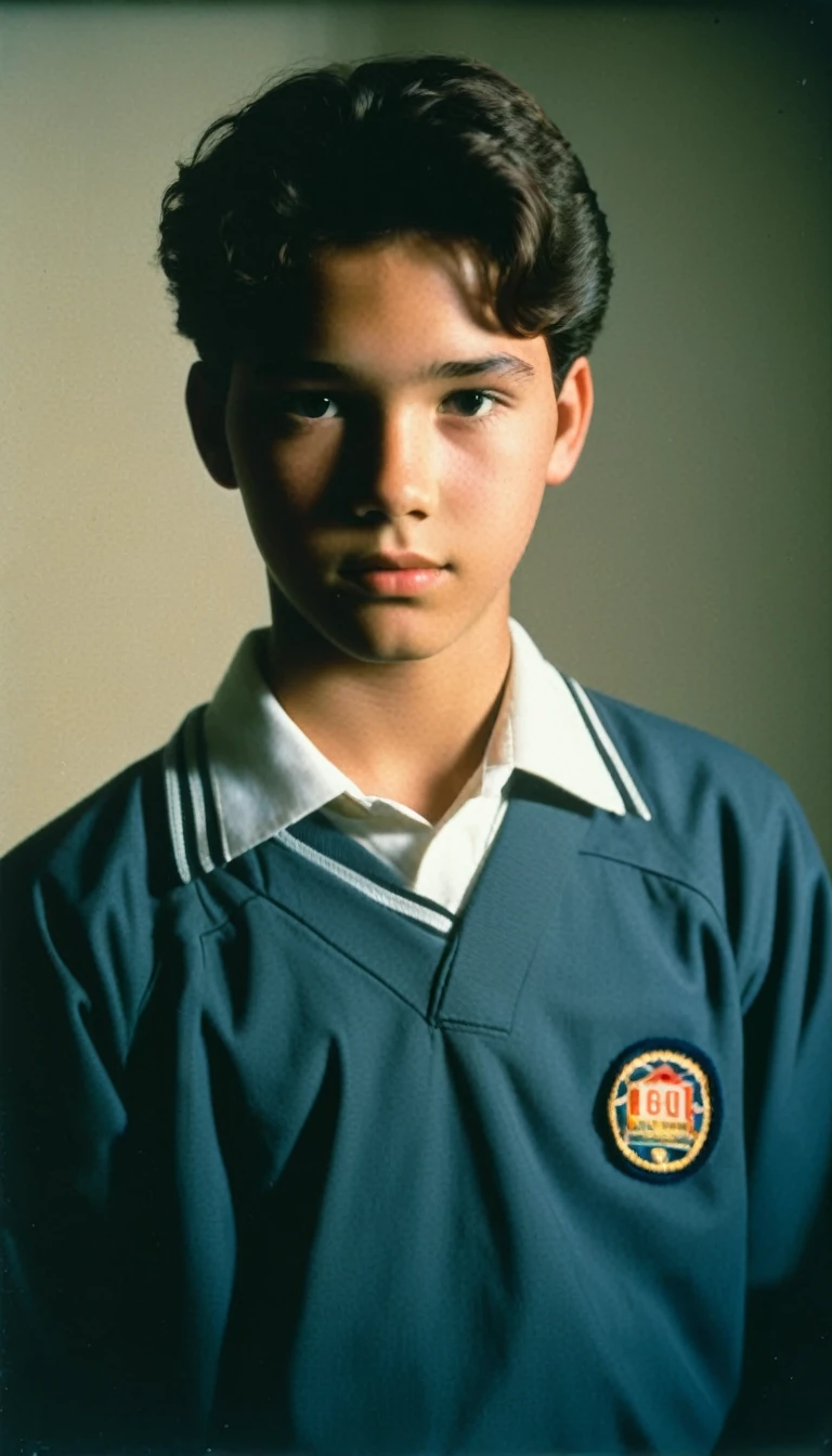 analog film photo, modern day photo of a young student, 14 years-old, male, brown-black hair, short curly quiff, brown eyes, caucasian, round face, oval-shaped jawline, bulbous nose, full lips, thick eyebrows, soft features, stocky broad frame, chubby, fat, resembles Dean Cain, (relaxed school uniform:1.1), silhouette, backlit, split lighting, half face in shadow, RAW Photograph, dslr, hard lighting, hard shadows, high quality, film grain, Fujifilm XT3, detailed skin with visible pores, insane details, masterpiece, 8k, 35mm photograph, dslr, kodachrome, faded film, desaturated, 35mm photo, grainy, vintage, Kodachrome, Lomography, stained, highly detailed, found footage, yearbook portrait, contemporary, 2024