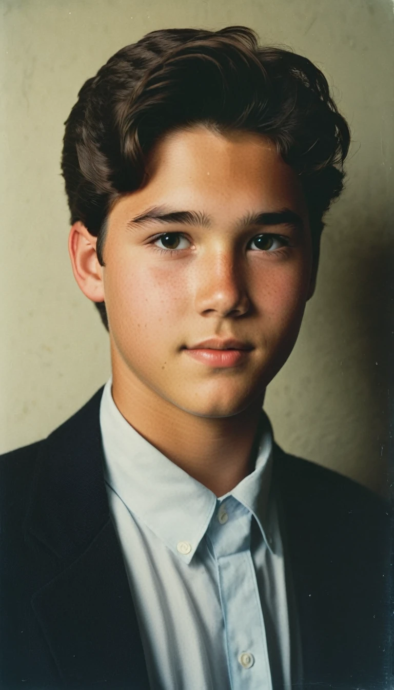 analog film photo, modern day photo of a young student, 14 years-old, male, brown-black hair, short curly quiff, brown eyes, caucasian, round face, oval-shaped jawline, bulbous nose, full lips, thick eyebrows, soft features, stocky broad frame, chubby, fat, resembles Dean Cain, (relaxed school uniform:1.1), silhouette, backlit, split lighting, half face in shadow, RAW Photograph, dslr, hard lighting, hard shadows, high quality, film grain, Fujifilm XT3, detailed skin with visible pores, insane details, masterpiece, 8k, 35mm photograph, dslr, kodachrome, faded film, desaturated, 35mm photo, grainy, vintage, Kodachrome, Lomography, stained, highly detailed, found footage, yearbook portrait, contemporary, 2024