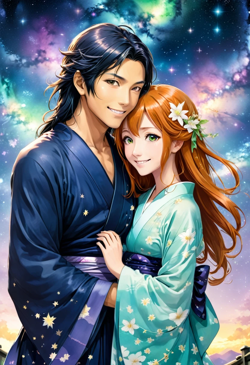 
On the night of Tanabata, the sky is filled with countless twinkling stars. Orihime and Hikoboshi, lovers allowed to meet only once a year by crossing the Milky Way, finally reunite. Orihime has long black hair that sways in the breeze, wearing a deep indigo kimono. Her eyes sparkle a violet hue, reminiscent of the starry sky, and her face is delicate and kind. Hikoboshi, with short brown hair, wears a fresh blue robe that reflects the sky. His eyes are green, and his muscular build complements his gentle smile.

They meet on the bridge over the Milky Way, holding hands and smiling warmly at each other. Orihime's hand gracefully rests on Hikoboshi's shoulder, while Hikoboshi's hand gently supports Orihime's waist. Their faces radiate happiness and love.

"I've been waiting for you, Orihime," says Hikoboshi.
"Me too, Hikoboshi. I've longed to see you," replies Orihime.
"Not a day has gone by that I haven't thought of you this past year," Hikoboshi whispers.
"I feel the same. Life without you has been lonely," Orihime says, tearing up.
"But now we're together. Let's cherish the time we have," Hikoboshi says, embracing her tightly.

Around them, countless stars shine brightly, as if celebrating their love. Please turn this story into a manga and create five speech bubbles for comments. Make the final image in color, not black and white.
