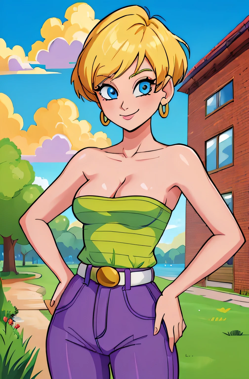 (Best Quality, Masterpiece:1.4), (Absurdres:1.2), 1 girl, Solo, erasa, blonde hair, blue eyes, earrings, green shirt, striped, strapless, cleavage, white belt, purple pants, small breasts, sky, clouds, high school building, smile, looking at viewer, cowboy shot,
