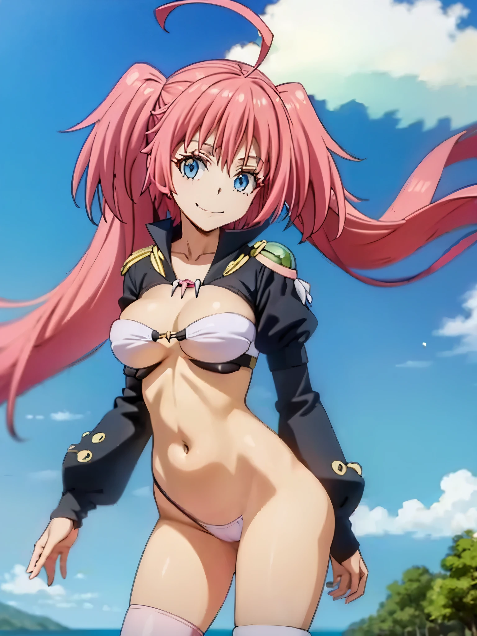 1girl, solo, beautiful girl, brunette skin, blue eyes, big eyes, detailed eyes, long eyelashes, pink hair, long hair, sidelocks, twintails, head tilt, fang, medium breasts, black bikini, string bikini, bikini bottom only, white crop top, asymmetrical legwear, ahoge, clothing cutout, cowboy shot, juliet sleeves, long sleeves, puffy sleeves, pink legwear, revealing clothes, shoulder cutout, pink thighhigh, no pants, skindentation, smile, looking at viewer, narrow waist, perfect hands, perfect anatomy, cleavage, midriff, navel, covered nipples, outdoors, flying, blue sky, clouds, ultra detailed eyes, anime style, breasts together, from side,