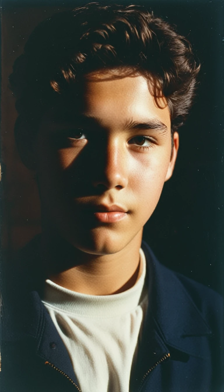 analog film photo, modern day photo of a young student, 14 years-old, male, brown-black hair, short curly quiff, brown eyes, caucasian, round face, oval-shaped jawline, bulbous nose, full lips, thick eyebrows, soft features, stocky broad frame, chubby, fat, resembles Dean Cain, (relaxed school uniform:1.1), silhouette, backlit, split lighting, half face in shadow, RAW Photograph, dslr, hard lighting, hard shadows, high quality, film grain, Fujifilm XT3, detailed skin with visible pores, insane details, masterpiece, 8k, 35mm photograph, dslr, kodachrome, faded film, desaturated, 35mm photo, grainy, vintage, Kodachrome, Lomography, stained, highly detailed, found footage, yearbook portrait, contemporary, 2024