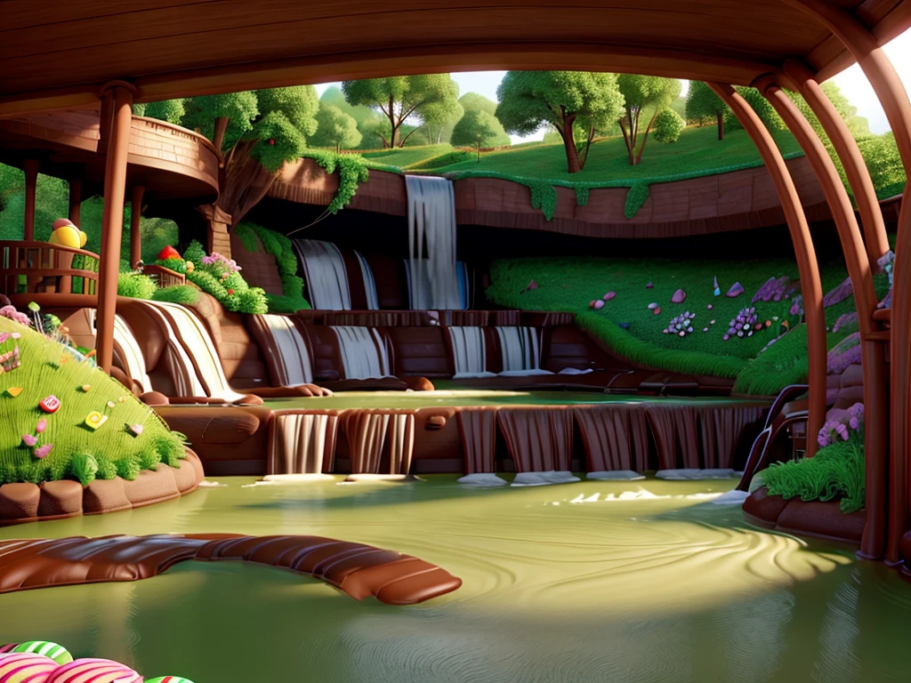 Inside willy Wonka's chocolate factory
Flowing chocolate rivers and waterfall made of chocolate, grass covered floor resemblance of a peppermint candy texture, other candy and sweets spread throughout the factory