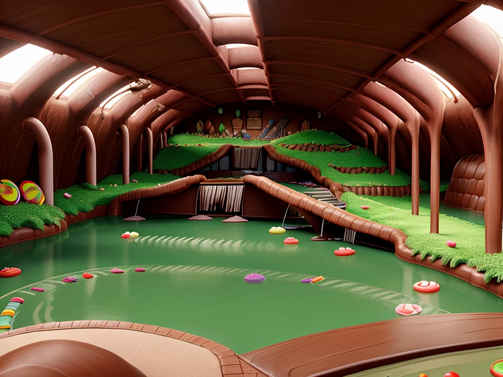 Inside willy Wonka's chocolate factory 
Flowing chocolate rivers and waterfall made of chocolate, grass covered floor resemblance of a peppermint candy texture, other candy and sweets spread throughout the factory 