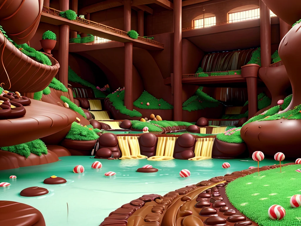 Inside willy Wonka's chocolate factory 
Flowing chocolate rivers and waterfall made of chocolate, grass covered floor resemblance of a peppermint candy texture, other candy and sweets spread throughout the factory 