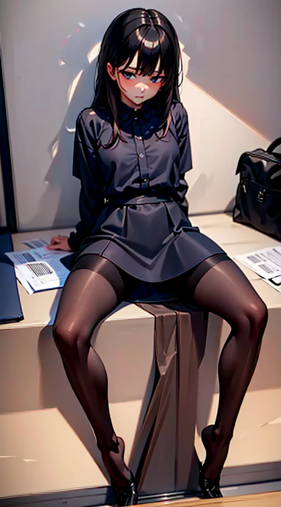 work of art crystal lines Super beautiful girl A high school girl black pantyhose two-legs shyness troubled face sit on desk Trampling Footjob night class