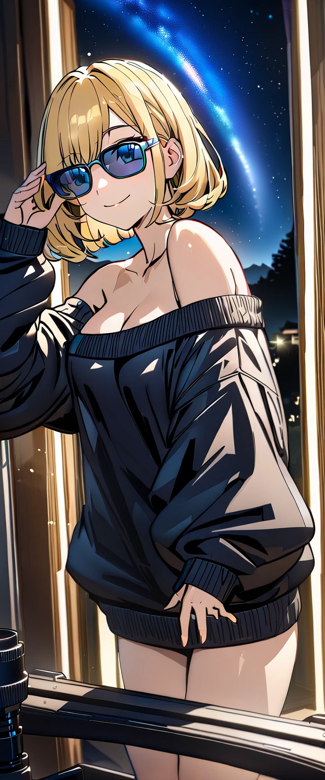 ((out door)), bare legs, A quiet mountain landscape with a starry sky stretching out, the Milky Way shining beautifully in the night, (()), (((sunglasses, hand to sunglasses))), ((())), ((wavy hair, inward curled hair)), ((night)), ((blond hair, bob cut:1.3)), breasts, teenager, (looking at viewer), oversized clothes, puffy long sleeves, ((off-shoulder sweater:1.3, Quite thick shoulder straps)), ((black sweater)), collarbone, head tilt:1.3, (((blue eyes))), ((happy smile)), (((anime style))), (best quality, 4K, 8K, highres, masterpiece:1.2, ultra-detailed, ultra-detailed eyes, HDR, uhd, studio lighting, ultra-fine painting, sharp focus, physically-based rendering, extreme detail description, professional, vivid colors, bokeh)