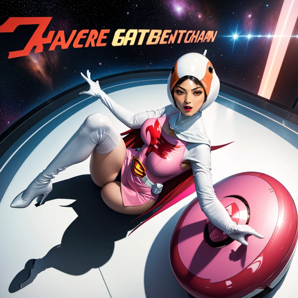 ANI_CLASSIC_jun_gatchaman_ownwaifu,1girl, ,good anatomy, masterpiece, best quality, realistic, hyper realistic, 16k hdr,large breasts, lipstick, makeup, gloves, cape, helmet, belt, elbow gloves, white gloves, mask, ultra miniskirt, leotard, spacesuit, white tight overknee highheel boots, pink dress, superhero, bodysuit, cleavage, erected nipples,(sexy pose,view from above),(spread legs:1.1),cameltoe