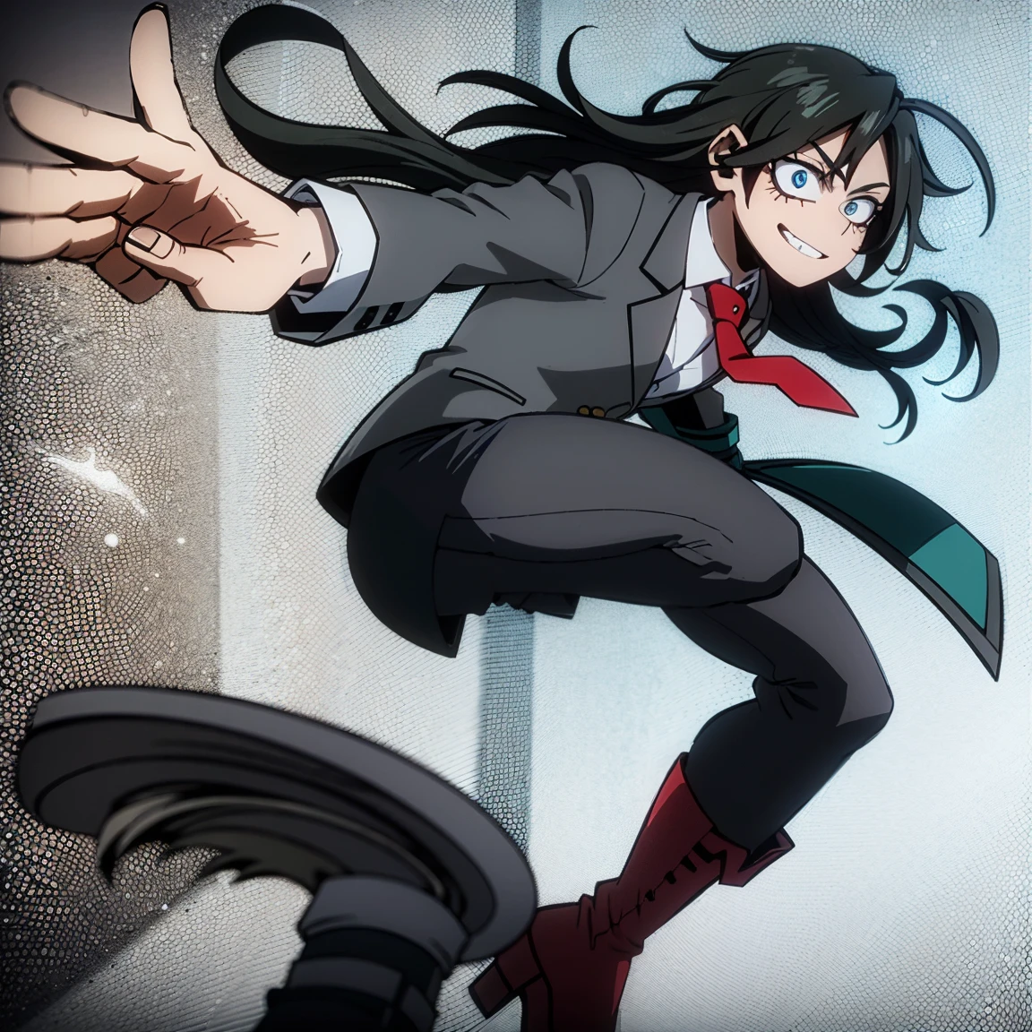 1 chico, male focus, Lost look, messy black hair, fuchsia eyes, affected smile, Gray jacket, Red tie, White shirt, teal ripped pants, fishnet stockings, Boots