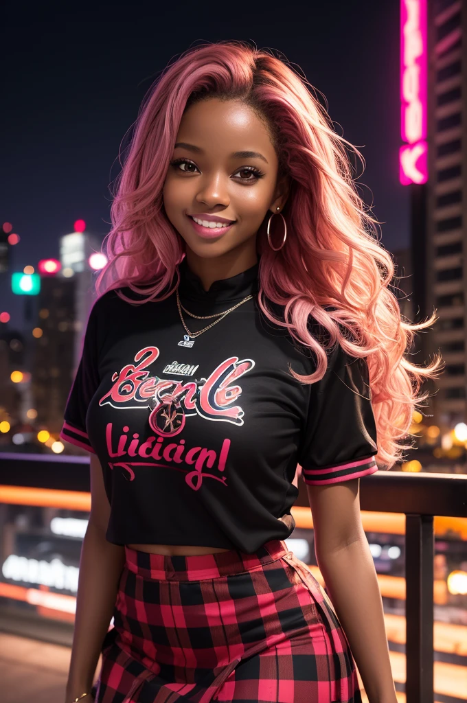  African descendent, 20 year, light brown eyes, wavy pink hair, long face, smiling, gaping mouth, short in stature, Voluptuous and sexy, black jersey, Short plaid skirt with red and black colors, photorrealistic, concentred, maximum quality, artistic work, City background at night with neon lights