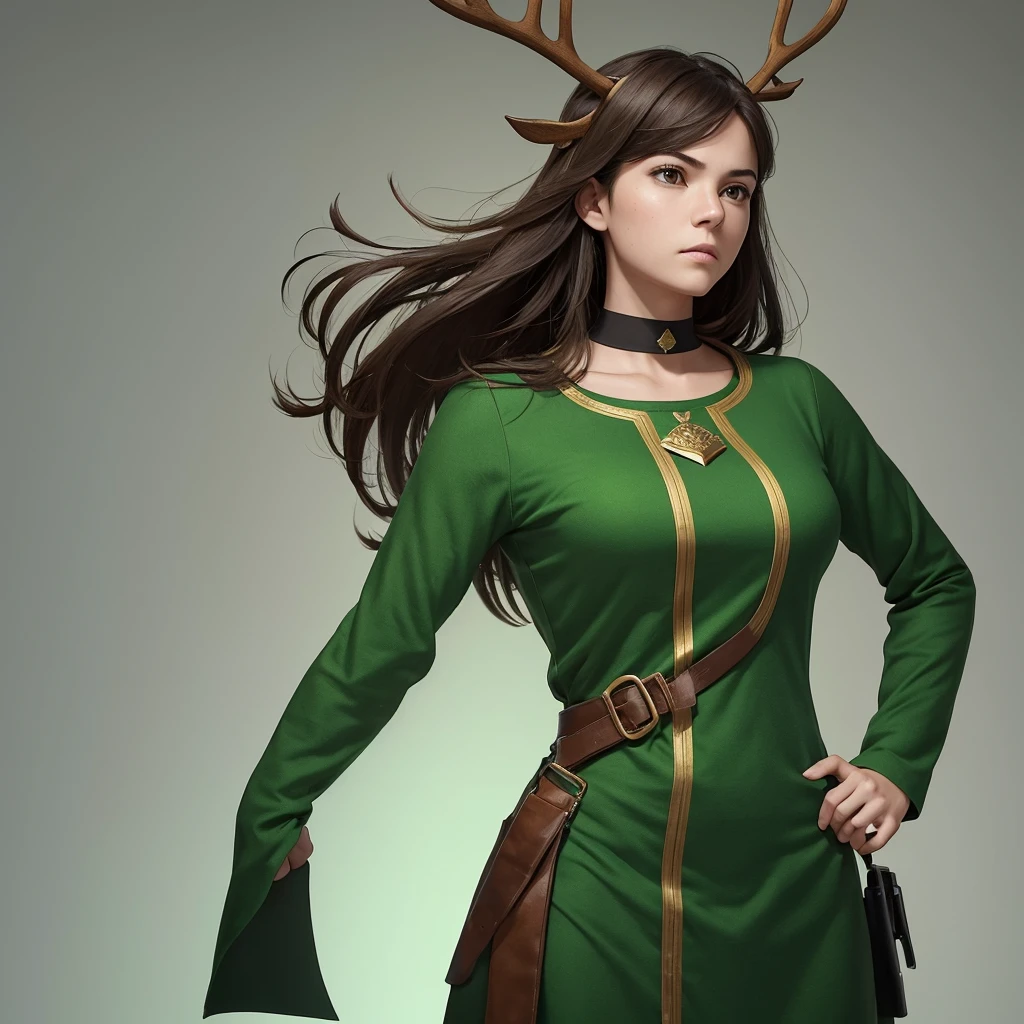 Generate an image of a female protagonist with a serious expression, standing upright and facing directly forward in a chest-up portrait style, resembling a passport photo. She is wearing green clothing and has antlers growing from her head. Ensure the background is simple to highlight her presence.