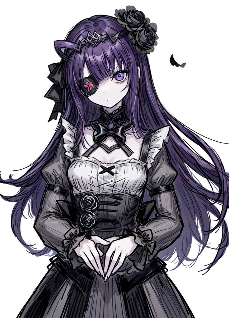 1girl, violet hair,garden alchemist dress ,pale skin,(high resolution, high detail, best quality),
black eye patch, serious, flat-chested, black tiara, black flowers
