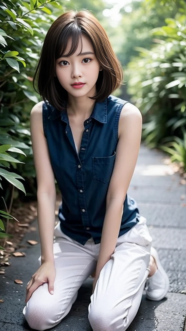 masterpiece, best quality, Surreal, Ultra Detailed, 8k resolution, RAW photos, Clear focus, (A girl in the forest), ((navy blue shirt:1.1)), sleeveless, Short sweatpants,Full body posture, Solitary, Perfect body, Become a, 36 inches in the chest,(a charming smile:1), (sexy pose)，26 years old, light,White shoes,Bangs to eyebrows、Beautiful brown hair、Beautiful and delicate eyes、Brown eyes、Raise an eyebrow、Bangs to eyebrows、Beautiful brown hair、Beautiful and delicate eyes、Brown eyes、Raise an eyebrow、High Nose、Small nostril、Little mouth、Tempting lips、Mouth slightly open、Beautiful breasts、Full body、Oval face,Phoenix Eyes，Eyebrow， Double eyelids, Long eyelashes, A faint smile, full-body shot:1.2，She has a pair of eyes as clear as water，Eyebrows are like distant mountains，Creamy skin，Lips like cherry blossoms。Her beauty is not only in appearance，It&#39;s more about her fragile yet tenacious temperament，Like a hibiscus flower swaying in the wind，It's pitiful， A faint smile, full-body shot:1.2，