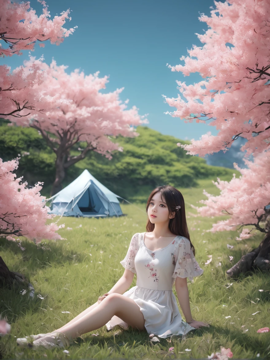 spring，1girl，((beautiful eyes))，((Perfect and refined limbs))，Sitting，在Grass地上，tent，flower，outdoor，Tree，landscape，daytime，Sky，cloud，Grass，橙flower，白flower，nature，Vague，红flower，(masterpiece，Best quality:1.2)，lifelike，Reality，梦幻般的Light芒，错综复杂的detail，Ultra Detailed，detail，High contrast，美丽细致的Light芒，Bright，更多detail，精细发Light，very fine 8K CG wallpaper，Depth of Field，Abuse of color difference，Soft colors，非常精致的Light线，眩Light，Light，Light粒子，reflection，((Infrared photography)) Lighting Machine