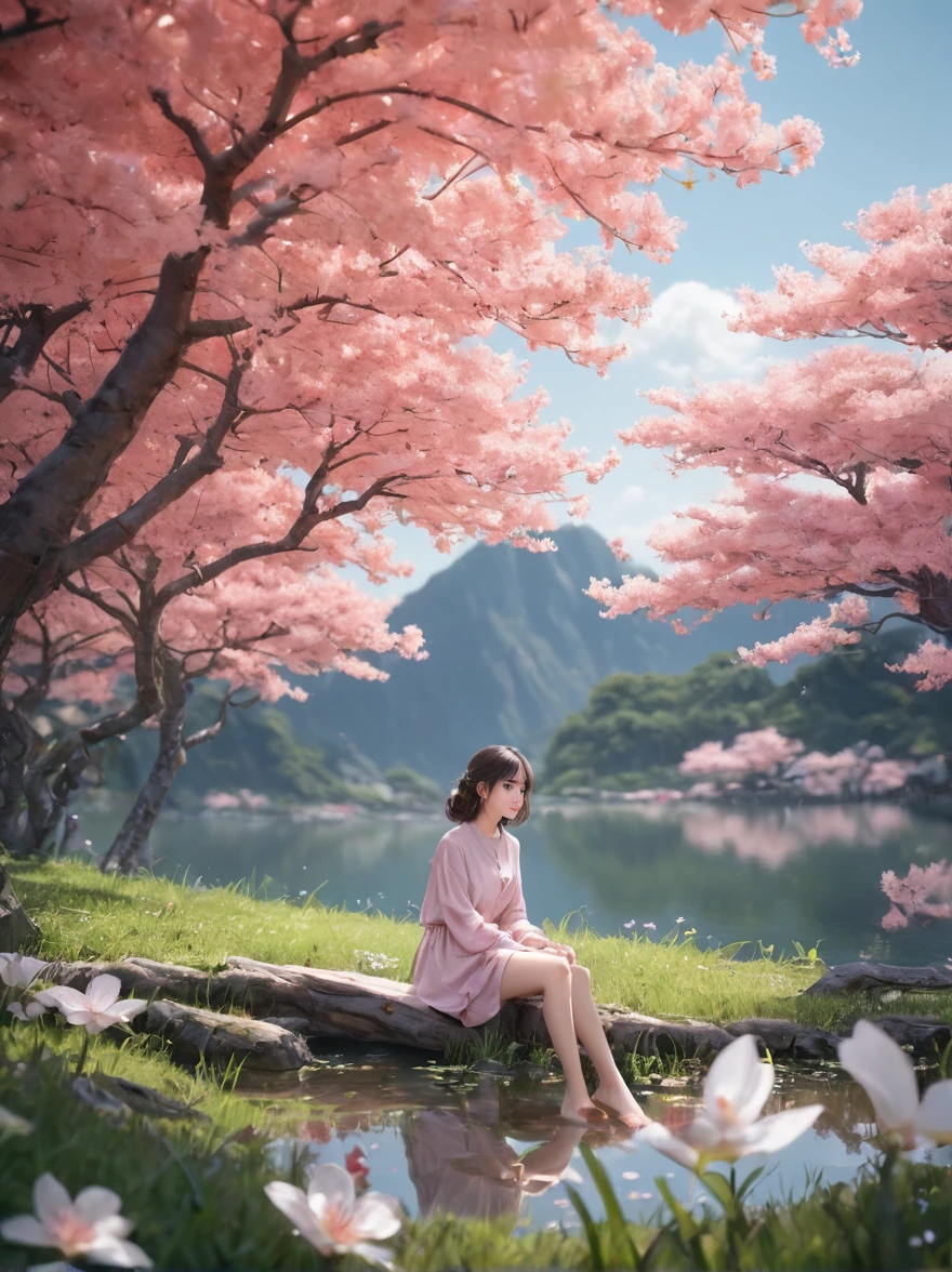 spring，1girl，((beautiful eyes))，((Perfect and refined limbs))，Sitting，在Grass地上，tent，flower，outdoor，Tree，landscape，daytime，Sky，cloud，Grass，橙flower，白flower，nature，Vague，红flower，(masterpiece，Best quality:1.2)，lifelike，Reality，梦幻般的Light芒，错综复杂的detail，Ultra Detailed，detail，High contrast，美丽细致的Light芒，Bright，更多detail，精细发Light，very fine 8K CG wallpaper，Depth of Field，Abuse of color difference，Soft colors，非常精致的Light线，眩Light，Light，Light粒子，reflection，((Infrared photography)) Lighting Machine