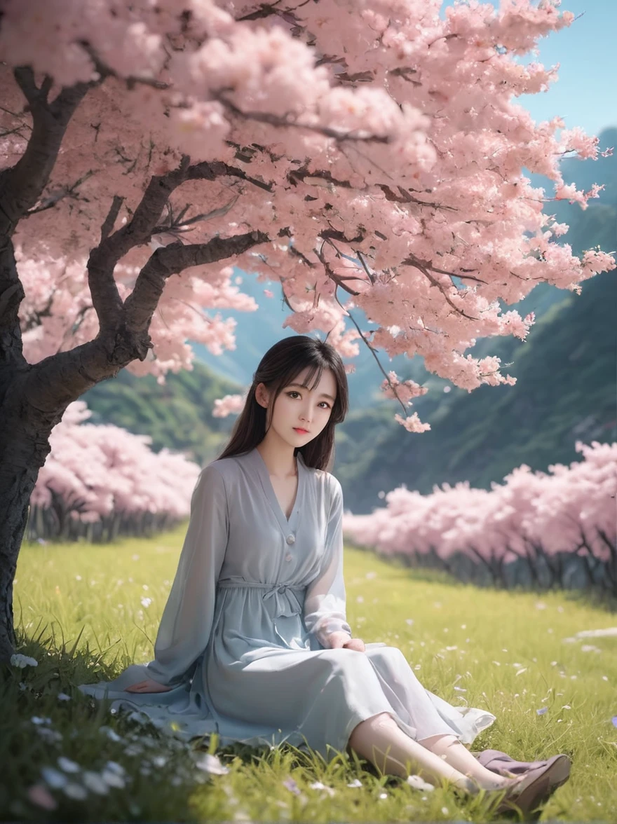 spring，1girl，((beautiful eyes))，((Perfect and refined limbs))，Sitting，在Grass地上，tent，flower，outdoor，Tree，landscape，daytime，Sky，cloud，Grass，橙flower，白flower，nature，Vague，红flower，(masterpiece，Best quality:1.2)，lifelike，Reality，梦幻般的Light芒，错综复杂的detail，Ultra Detailed，detail，High contrast，美丽细致的Light芒，Bright，更多detail，精细发Light，very fine 8K CG wallpaper，Depth of Field，Abuse of color difference，Soft colors，非常精致的Light线，眩Light，Light，Light粒子，reflection，((Infrared photography)) Lighting Machine