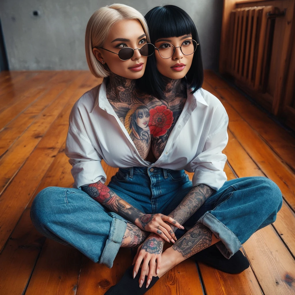 2heads, best resolution. japanese woman with two heads, smiling different faces, button shirt, jeans, yakuza tattoo, shades sovks