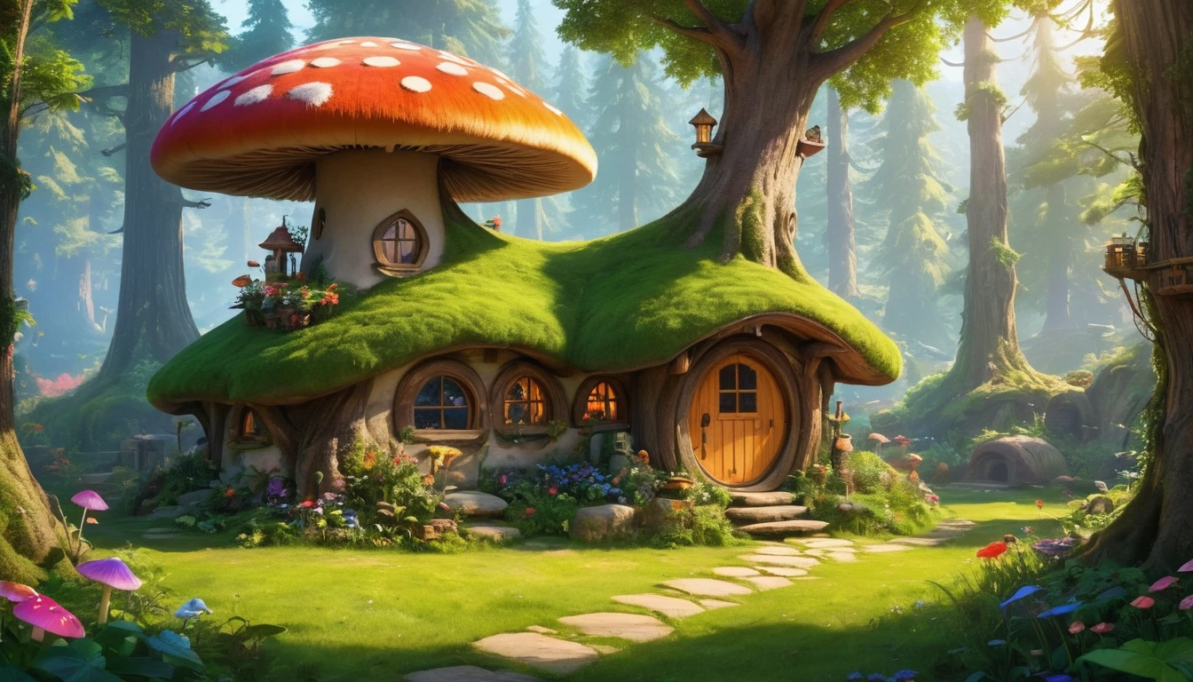 (Mysterious fantasy forest, dense trees, a cute and strange little tree:1.5), A hobbit cabin vividly depicted (best quality, 8K, advanced resolution, masterpiece:1.2) with ultra-detailed realism (1.4x realism, photorealistic: 1.37). This fantasy forest, surrounded by lush greenery and colorful flowers, is bathed in warm sunlight, creating a cheerful and whimsical atmosphere. The cabin, resembling a mushroom-shaped house, features intricate design and unique architecture. The artwork showcases an illustrative style inspired by children's book illustrations, with a vibrant rainbow color palette evoking joy and playfulness. Soft, warm lighting adds depth and warmth, making every detail impeccably presented. This visually stunning masterpiece captures the essence of a magical fantasy forest deep in the heart of a dense woodland.