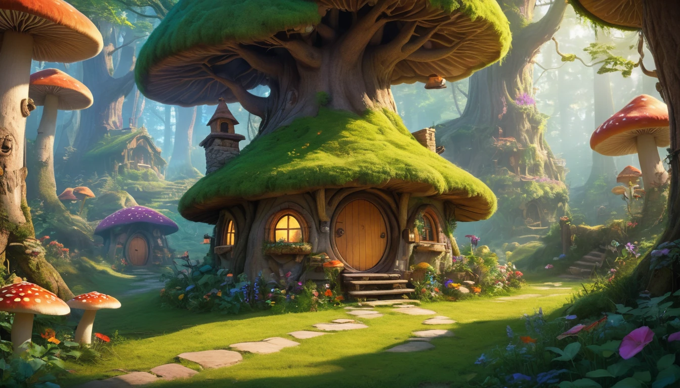 (Mysterious fantasy forest, dense trees, a cute and strange little tree:1.5), A hobbit cabin vividly depicted (best quality, 8K, advanced resolution, masterpiece:1.2) with ultra-detailed realism (1.4x realism, photorealistic: 1.37). This fantasy forest, surrounded by lush greenery and colorful flowers, is bathed in warm sunlight, creating a cheerful and whimsical atmosphere. The cabin, resembling a mushroom-shaped house, features intricate design and unique architecture. The artwork showcases an illustrative style inspired by children's book illustrations, with a vibrant rainbow color palette evoking joy and playfulness. Soft, warm lighting adds depth and warmth, making every detail impeccably presented. This visually stunning masterpiece captures the essence of a magical fantasy forest deep in the heart of a dense woodland.