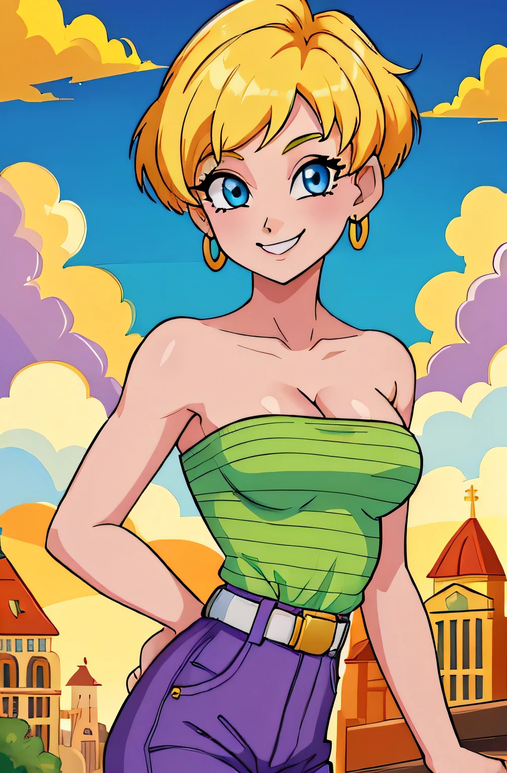 (Best Quality, Masterpiece:1.4), (Absurdres:1.2), 1 girl, Solo, erasa, blonde hair, blue eyes, earrings, green shirt, striped, strapless, cleavage, white belt, purple pants, small breasts, sky, clouds, high school building, smile, looking at viewer, cowboy shot, 