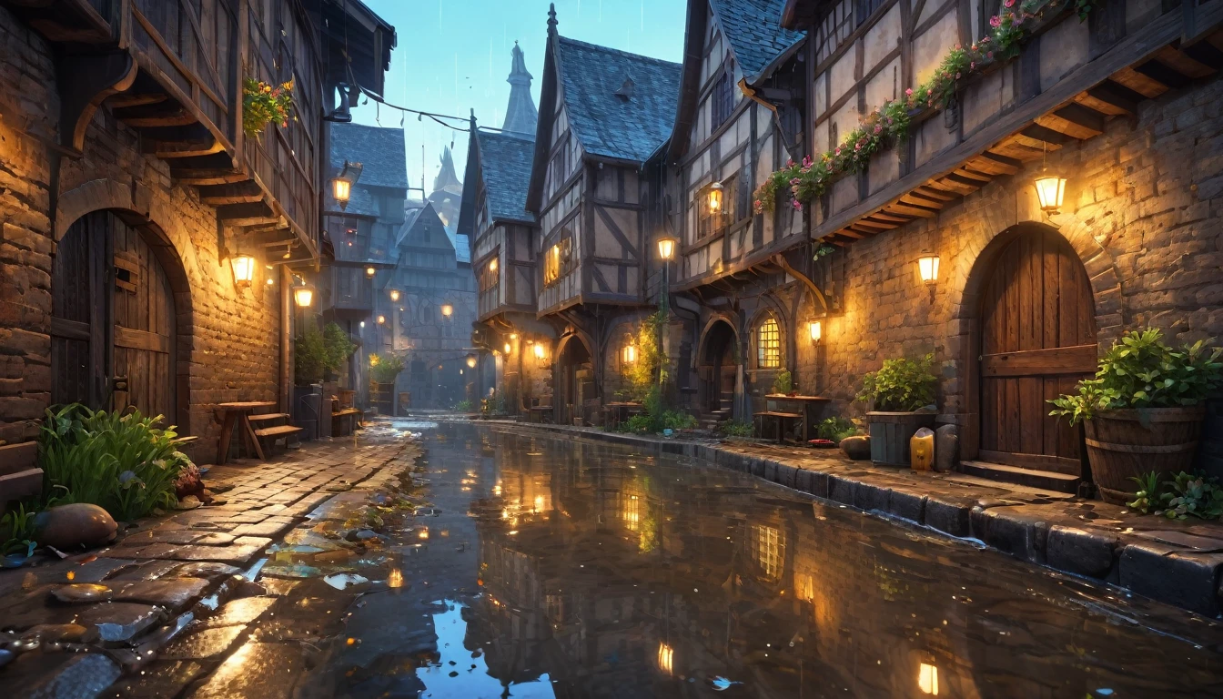 (anime, fantasy, alley), (detailed CG unity 8k wallpaper, masterpiece, best quality, ultra-detailed, HDR:1.2, depth of field), vibrant colors, intricate, high FXAA, dark alley way in medieval city, medieval, close-up, water puddle, mice, trash, raining