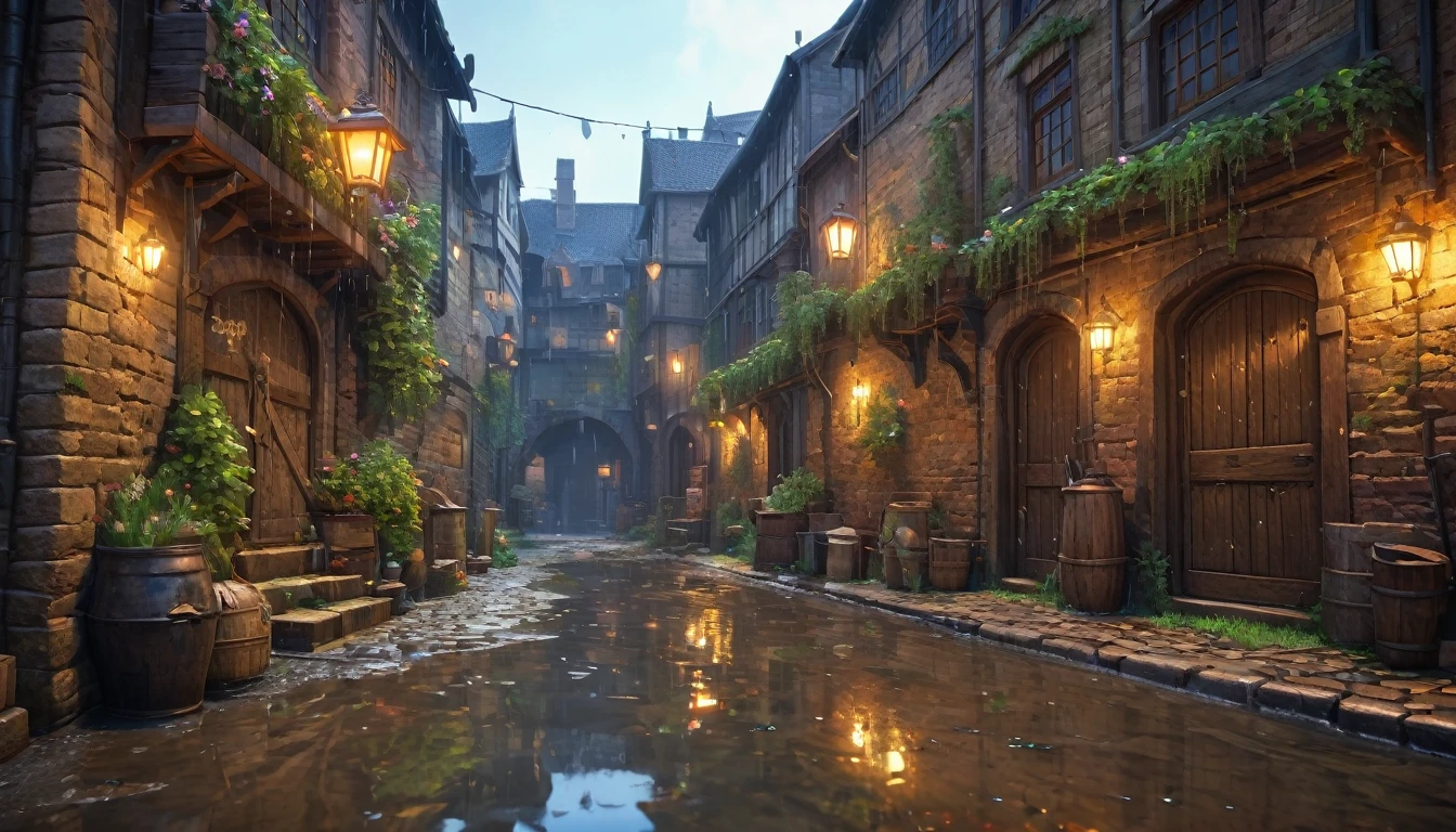 (anime, fantasy, alley), (detailed CG unity 8k wallpaper, masterpiece, best quality, ultra-detailed, HDR:1.2, depth of field), vibrant colors, intricate, high FXAA, dark alley way in medieval city, medieval, close-up, water puddle, mice, trash, raining
