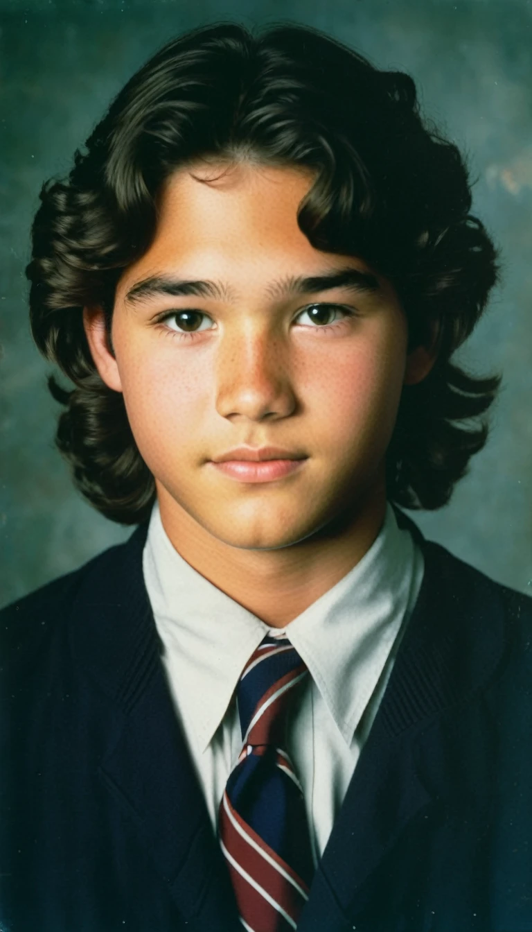 analog film photo, modern day photo of a young student, 14 years-old, male, brown-black hair, long curly hair, brown eyes, caucasian, round face, oval-shaped jawline, bulbous nose, full lips, thick eyebrows, soft features, stocky broad frame, chubby, fat, resembles Dean Cain, (relaxed school uniform:1.1), silhouette, backlit, split lighting, half face in shadow, RAW Photograph, dslr, hard lighting, hard shadows, high quality, film grain, Fujifilm XT3, detailed skin with visible pores, insane details, masterpiece, 8k, 35mm photograph, dslr, kodachrome, faded film, desaturated, 35mm photo, grainy, vintage, Kodachrome, Lomography, stained, highly detailed, found footage, yearbook portrait, contemporary, 2024