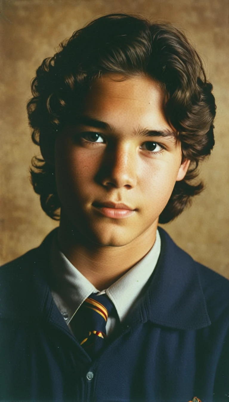 analog film photo, modern day photo of a young student, 14 years-old, male, brown-black hair, long curly hair, brown eyes, caucasian, round face, oval-shaped jawline, bulbous nose, full lips, thick eyebrows, soft features, stocky broad frame, chubby, fat, resembles Dean Cain, (relaxed school uniform:1.1), silhouette, backlit, split lighting, half face in shadow, RAW Photograph, dslr, hard lighting, hard shadows, high quality, film grain, Fujifilm XT3, detailed skin with visible pores, insane details, masterpiece, 8k, 35mm photograph, dslr, kodachrome, faded film, desaturated, 35mm photo, grainy, vintage, Kodachrome, Lomography, stained, highly detailed, found footage, yearbook portrait, contemporary, 2024
