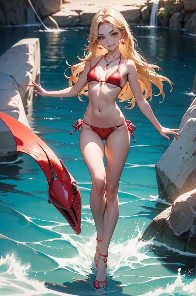 ((Biologically correct limb count)),((Natural finger shape)),((Full Body Shot,Including face)),Standing position,4K,masterpiece,((Focus on the face)),((Symmetrical facial features)),Eye for detailed depiction,Beautiful woman,Excellent style,Beautiful feet,(Small Ass,Thin thighs),(Patterned black stockings,High heels),Facial detailing,Small earrings,necklace,Low angle photo,((Red bikini swimsuit)),(((A facial expression of pleasure))),(((Bathing in the sea))),(Face the camera),Photograph the side of the body,Long blonde