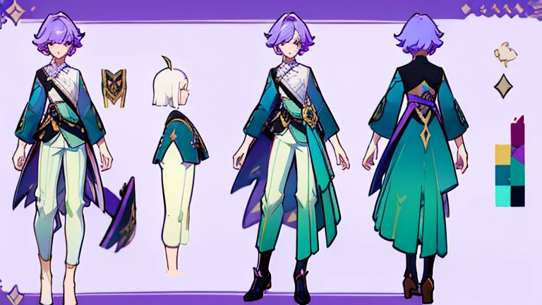 (Masterpiece, best quality), detailed, 1 woman, ((character concept art)), ((character design sheet, same character, front, side, back)), full body, body complete, 1 female, 1 women. Detailed face, character design sheet full body, Highly detailed, character sheet, character design, Many parts, pale skin, green eyes, short purple hair, male hairstyle, short male hair, lavender flower, lavender flower reference, lavender flower character reference, lavender flower inspired, male clothes, flat chest, Solarpunk, Solarpunk reference, Solarpunk inspired outfit, pants.