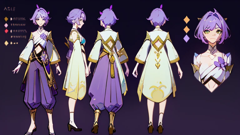 (Masterpiece, best quality), detailed, 1 woman, ((character concept art)), ((character design sheet, same character, front, side, back)), full body, body complete, 1 female, 1 women. Detailed face, character design sheet full body, Highly detailed, character sheet, character design, Many parts, pale skin, green eyes, short purple hair, male hairstyle, short male hair, lavender flower, lavender flower reference, lavender flower character reference, lavender flower inspired, male clothes, flat chest, Solarpunk, Solarpunk reference, Solarpunk inspired outfit, pants.