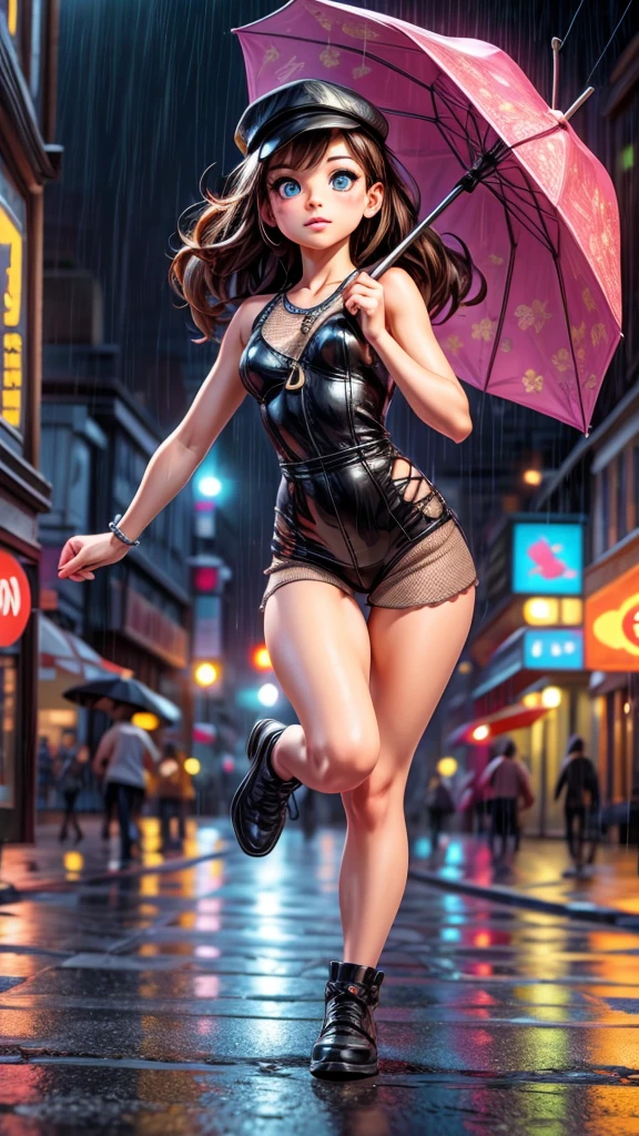((A dynamic breaking dance battle between two girls in the rain)), onlookers gathered around, beautiful detailed eyes, beautiful detailed lips, extremely detailed eyes and face, long eyelashes, flowing wet hair, dynamic poses, intricate choreography, dramatic lighting, outdoor stage, (best quality,4k,8k,highres,masterpiece:1.2),ultra-detailed,(realistic,photorealistic,photo-realistic:1.37),cinematic composition,vibrant colors,dramatic chiaroscuro lighting